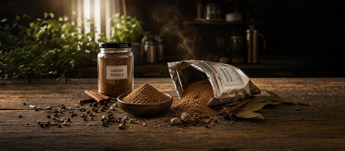 Garam masala in a glass jar and wooden bowl with whole spices on a rustic table