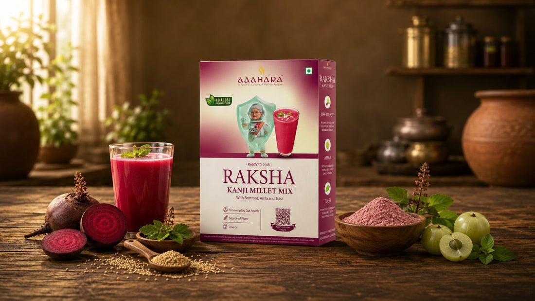Aaahara Raksha Kanji Mix box with beetroot drink, millet, amla, and tulsi on a rustic kitchen table