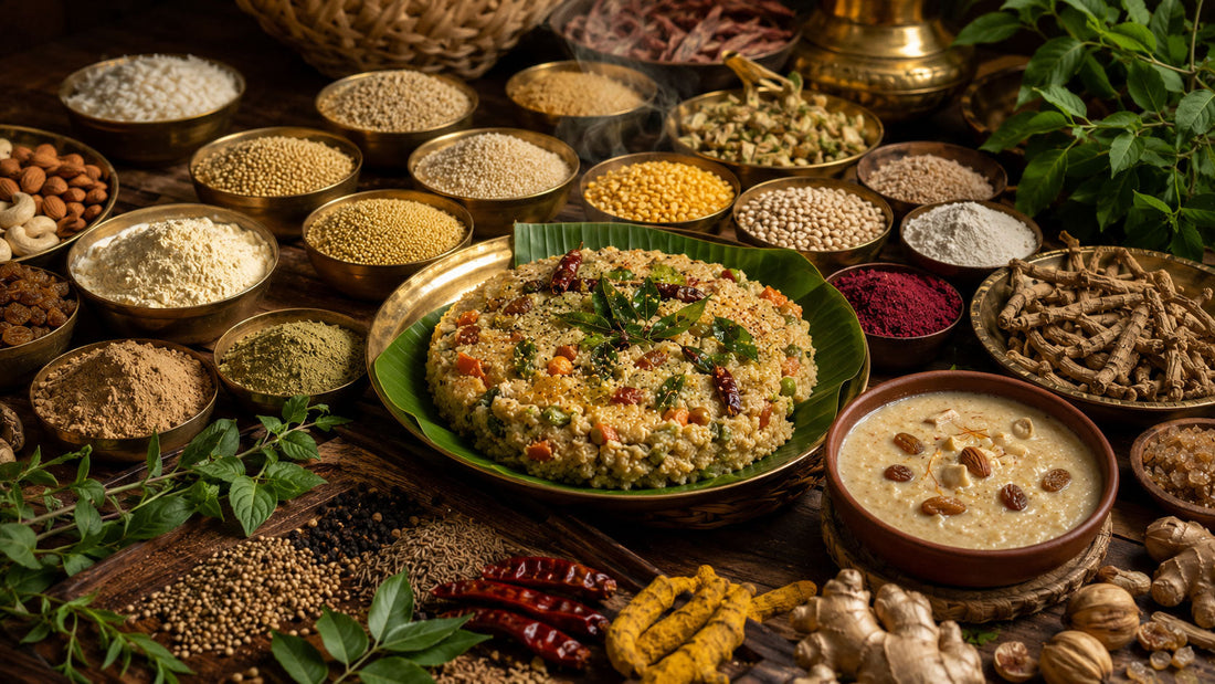 Traditional South Indian functional foods with millets, spices, and brass vessels