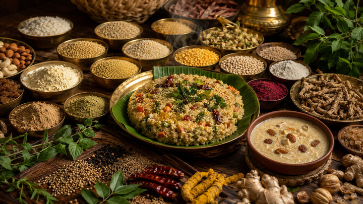 Traditional South Indian functional foods with millets, spices, and brass vessels